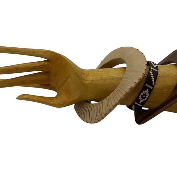 Set Lot 3 Handmade Bangles Bracelets Natural Wood and Woven Palm Tree Tribal - Picture 3 of 10